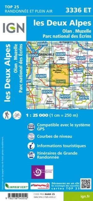 Les Deux Alpes Map | IGN 3336 ET les Deux Alpes, Olan, Muzelle, Parc national de Ecrins | Backcountry Books
